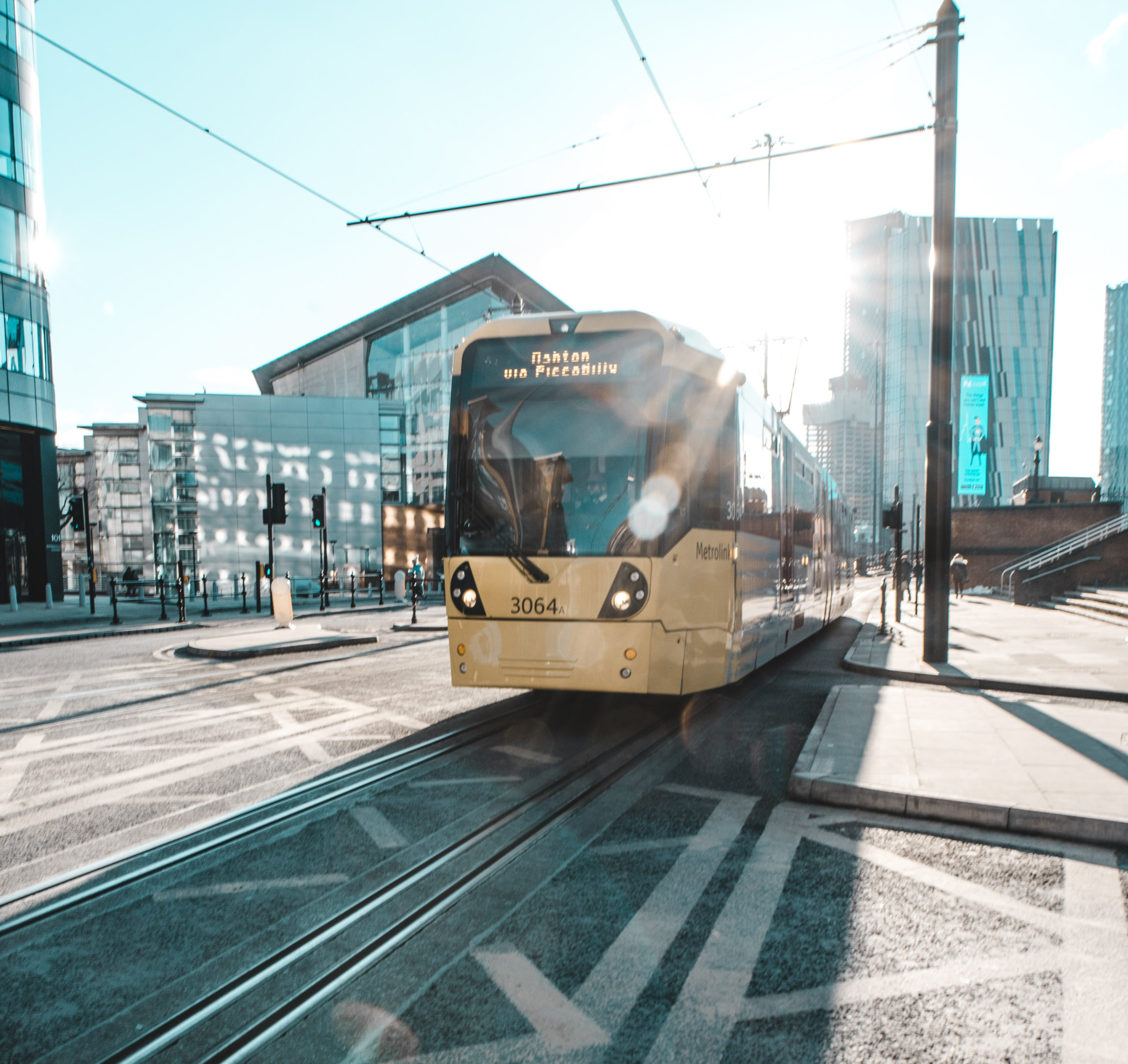 A yellow tram in Manchester, England